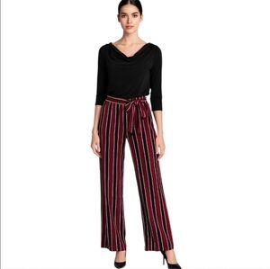 Emma & Michele Black Top with Red Striped Wide Leg Pants. Size L.